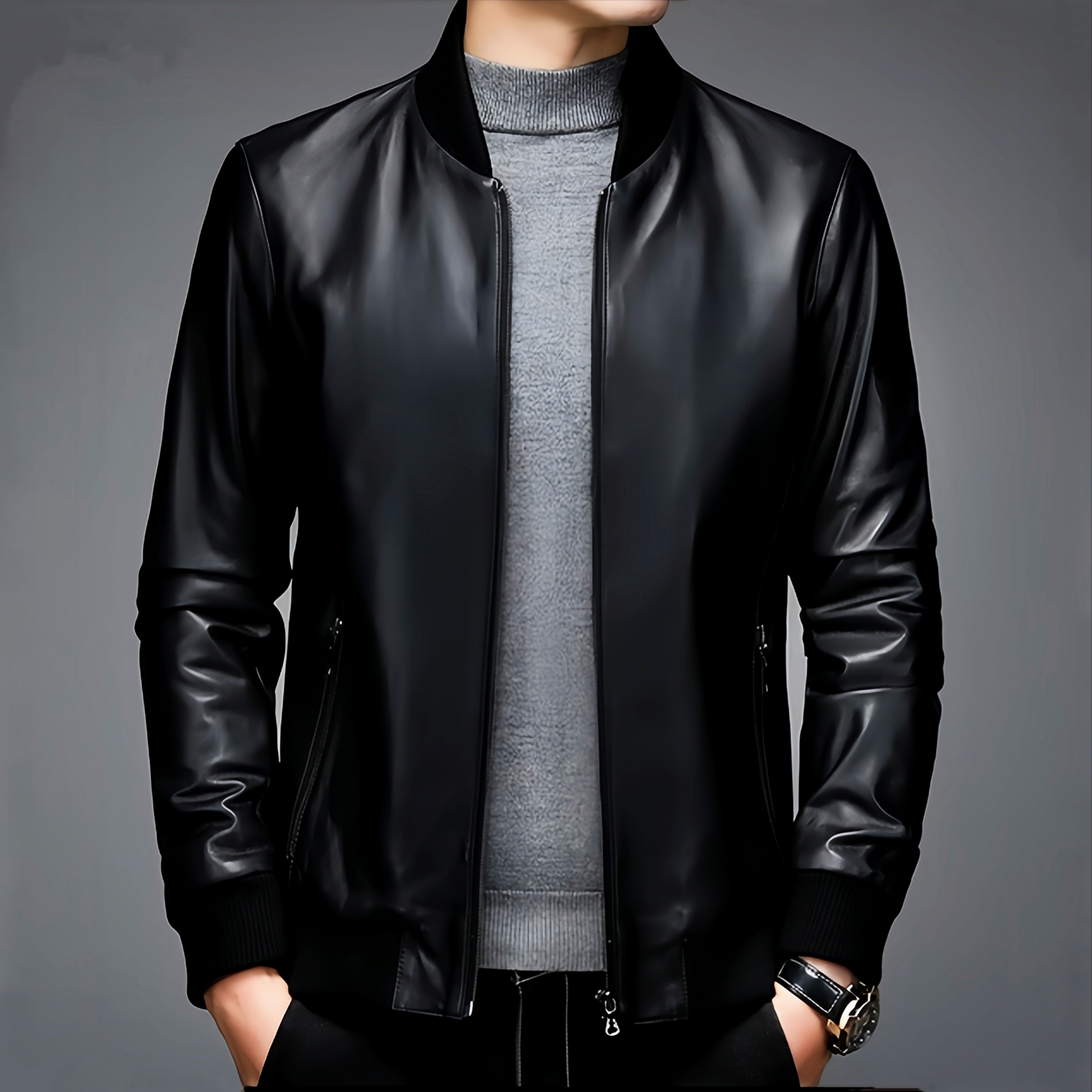 Chaqueta bomber negra para hombre - vista frontal.