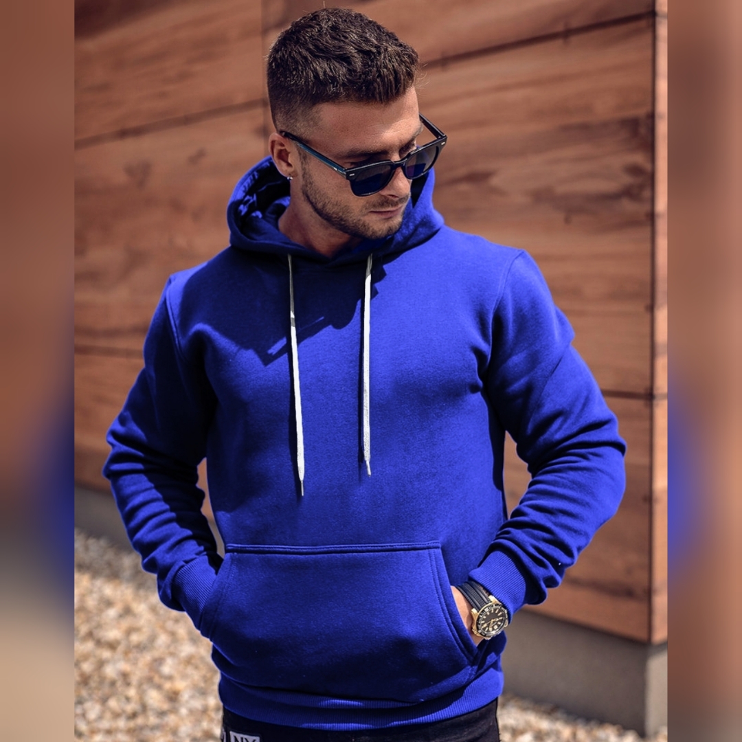 Buzo Hoodie Azul Perchado - Frente con Modelo