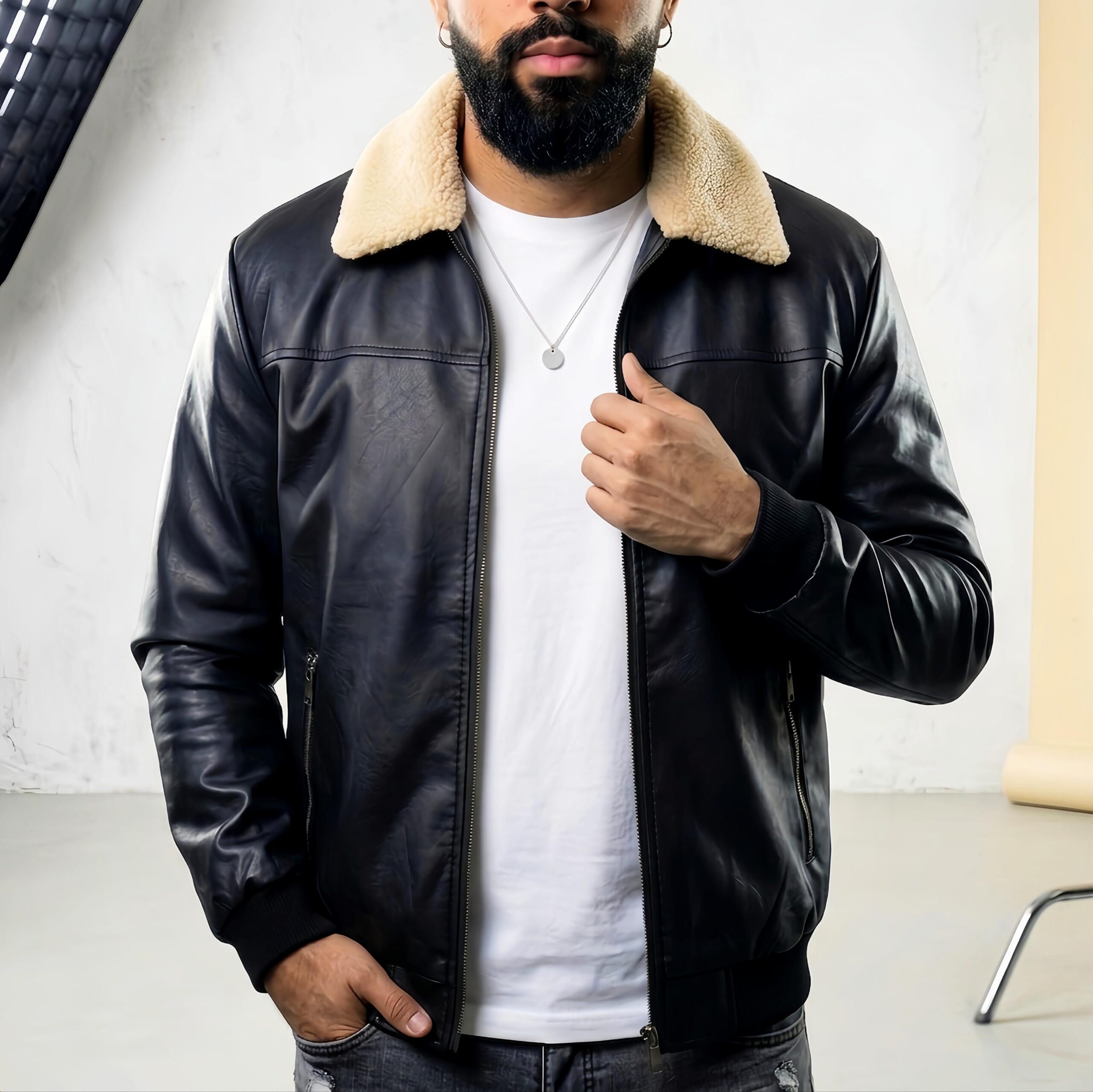 Vista frontal de chaqueta bomber tipo cuero negra abierta sobre camiseta blanca básica, resaltando el estilo urbano y el cuello ovejero.